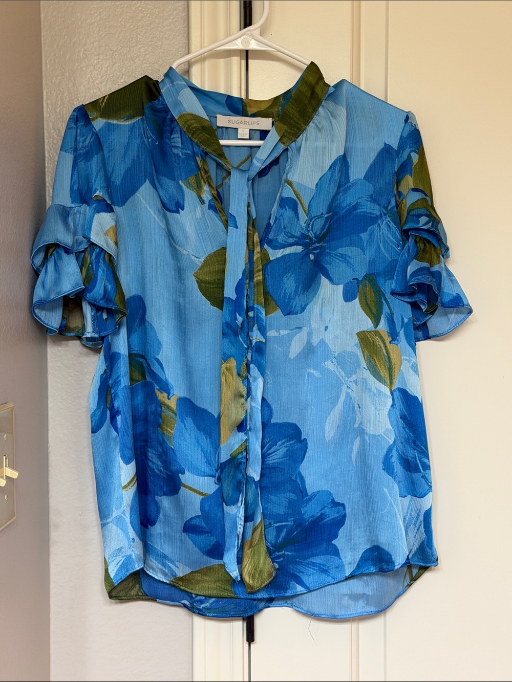 Sugarlips Blue Floral Tie-Front Ruffle Sleeve Blouse